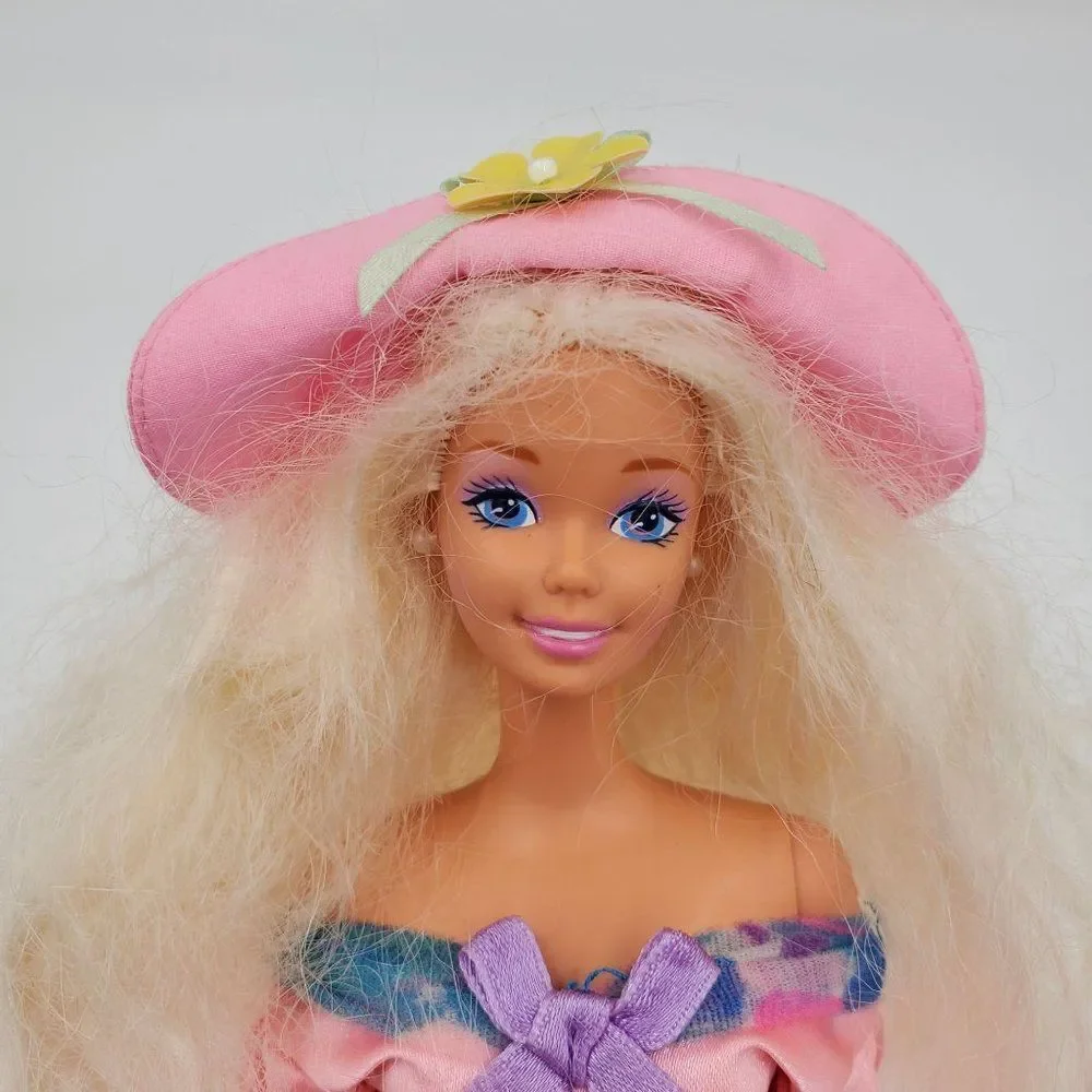 Vintage Mattel Barbie Doll Long Blonde Hair Blue Eyes Pink Dress Hat - Picture 2 of 13